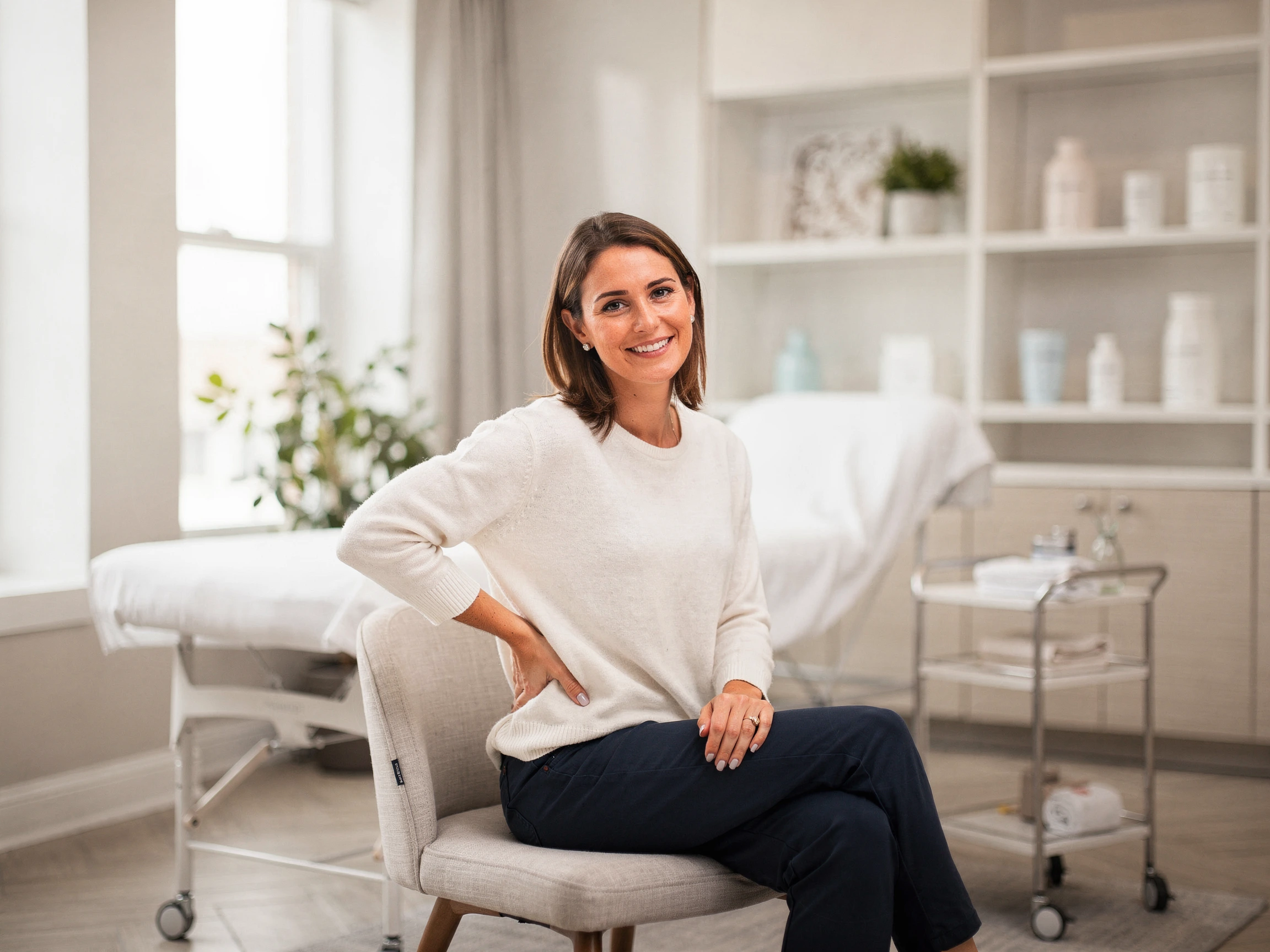 Woman sitting in a medical office chair, holding her lower back, suggesting back pain during a pain management consultation